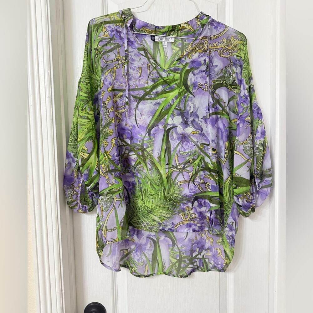 Jennifer Lopez sheer floral palm print blouse top size L